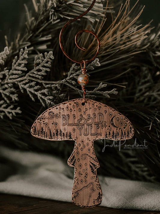Blessed Yule Copper Mushroom Ornament